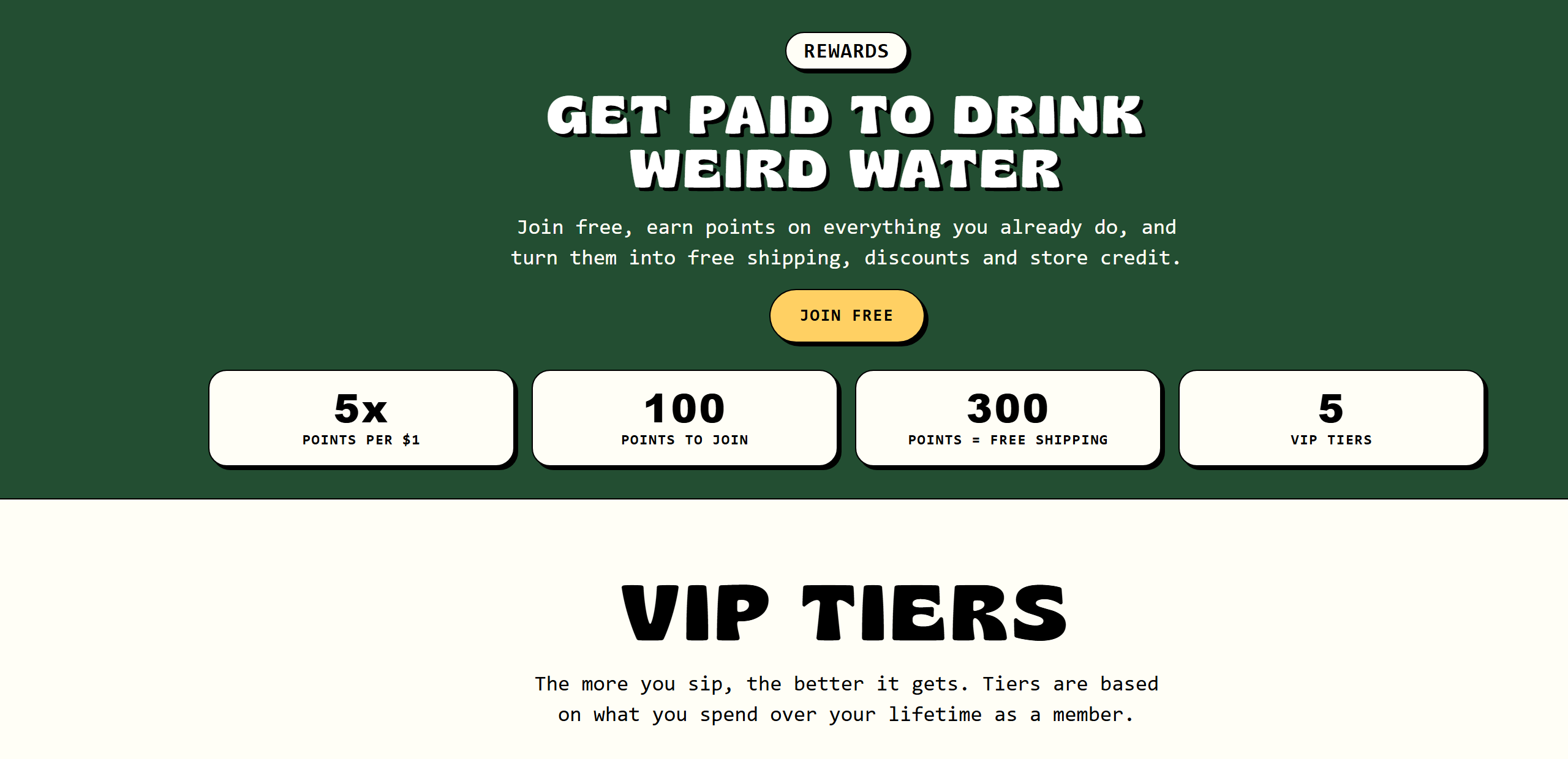 A custom loyalty page: a deep green hero with the points headline, a join button and four headline stats.